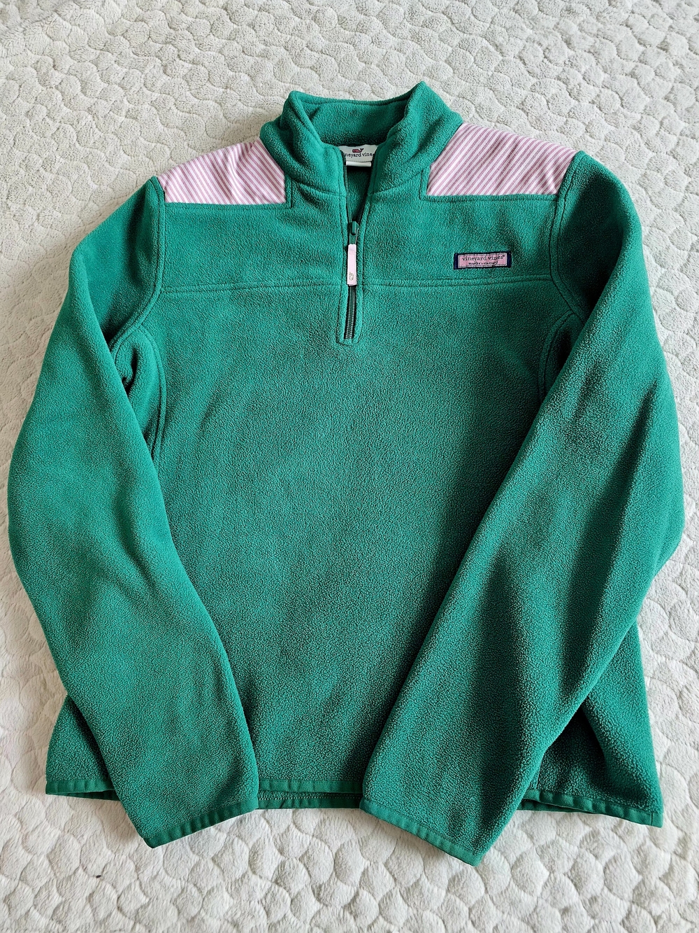 Vineyard Vines Green Quarter-Zip Fleece with Pink Shoulder Accents